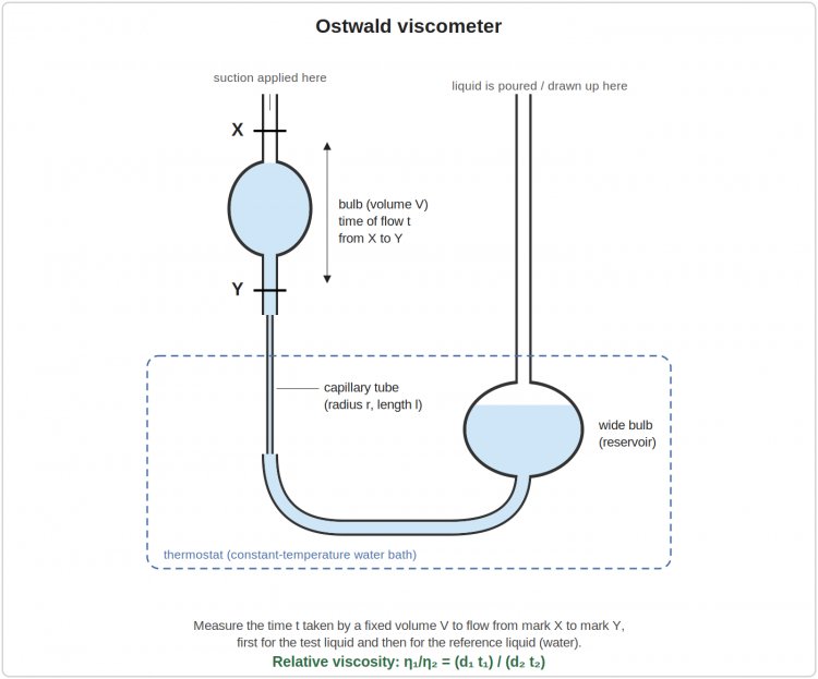 Diagram of an Ostwald viscometer, a U-shaped glass tube with a graduated bulb between marks X and Y connected through a fine capillary to a wide reservoir bulb, immersed in a constant temperature bath